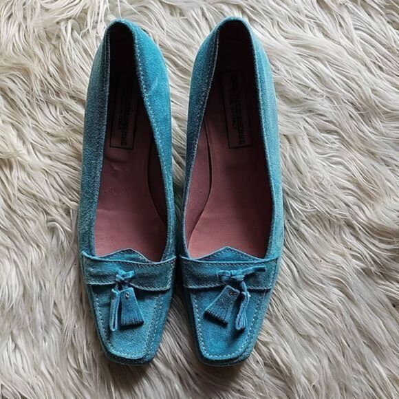 Saks Fifth Avenue Women's Suede Kitten Heel Tassel Loafer Aqua Blue Size 8.5 - Picture 1 of 14